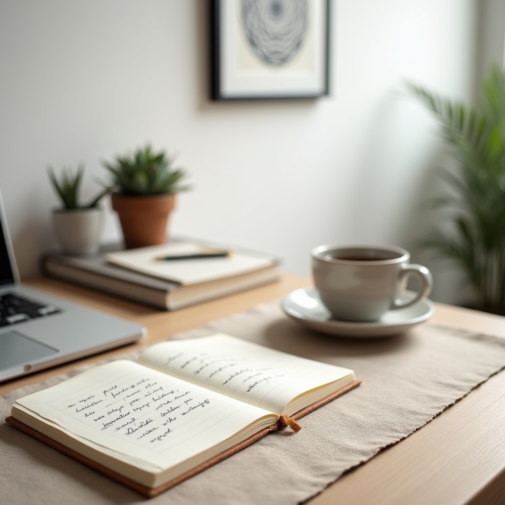 Uspořádaný domácí pracovní stůl s notebookem a poznámkami